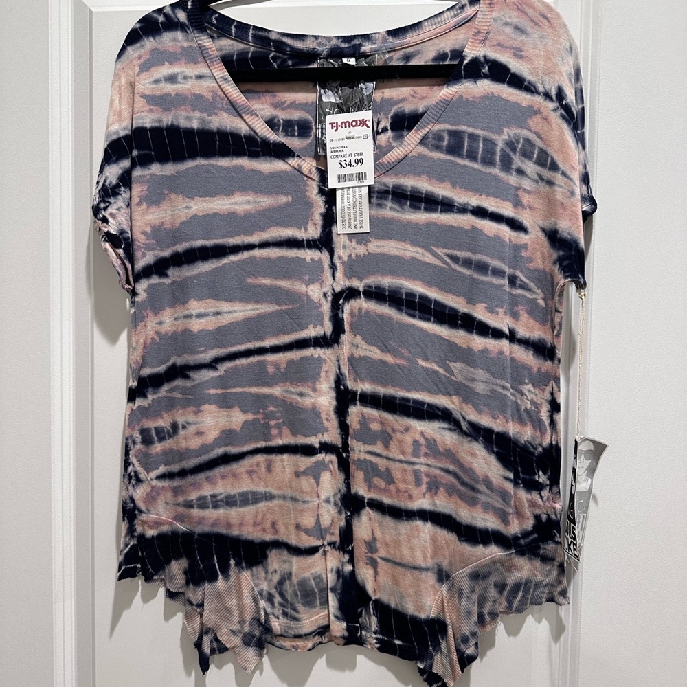Young Living Navy and Pink Tie-Dye Short Sleeve Top